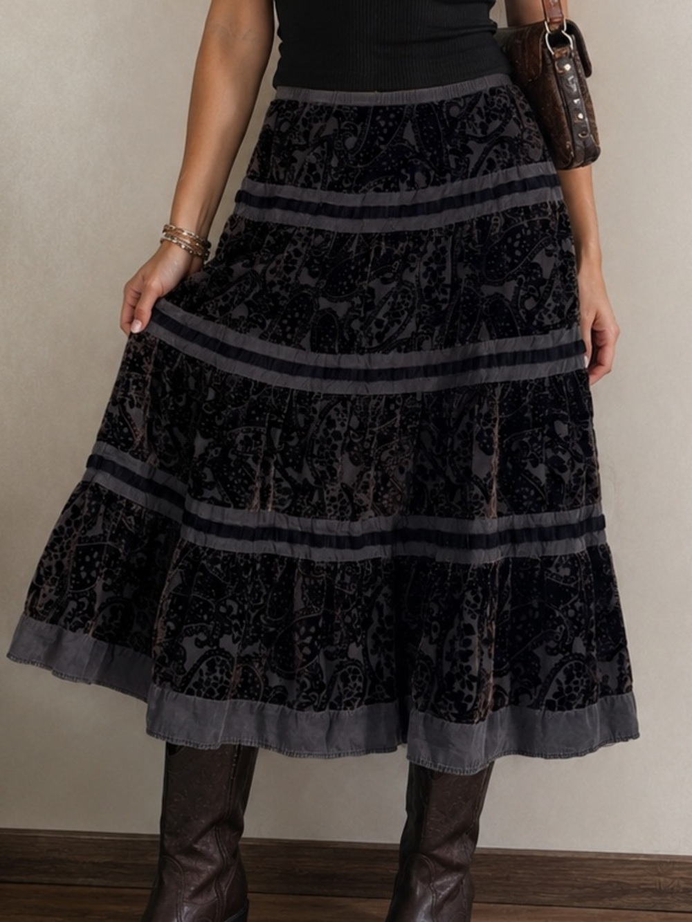 Garnet Hill Black Velvet Burnout Tiered Midi Skirt with Gray Bands